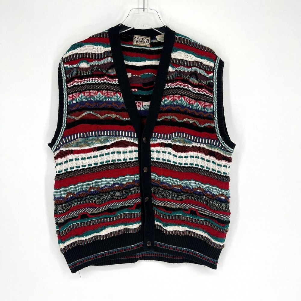 3D Textured Knit Vest Mens L Cardigan Retro Grandpa 90s Dad Eclectic